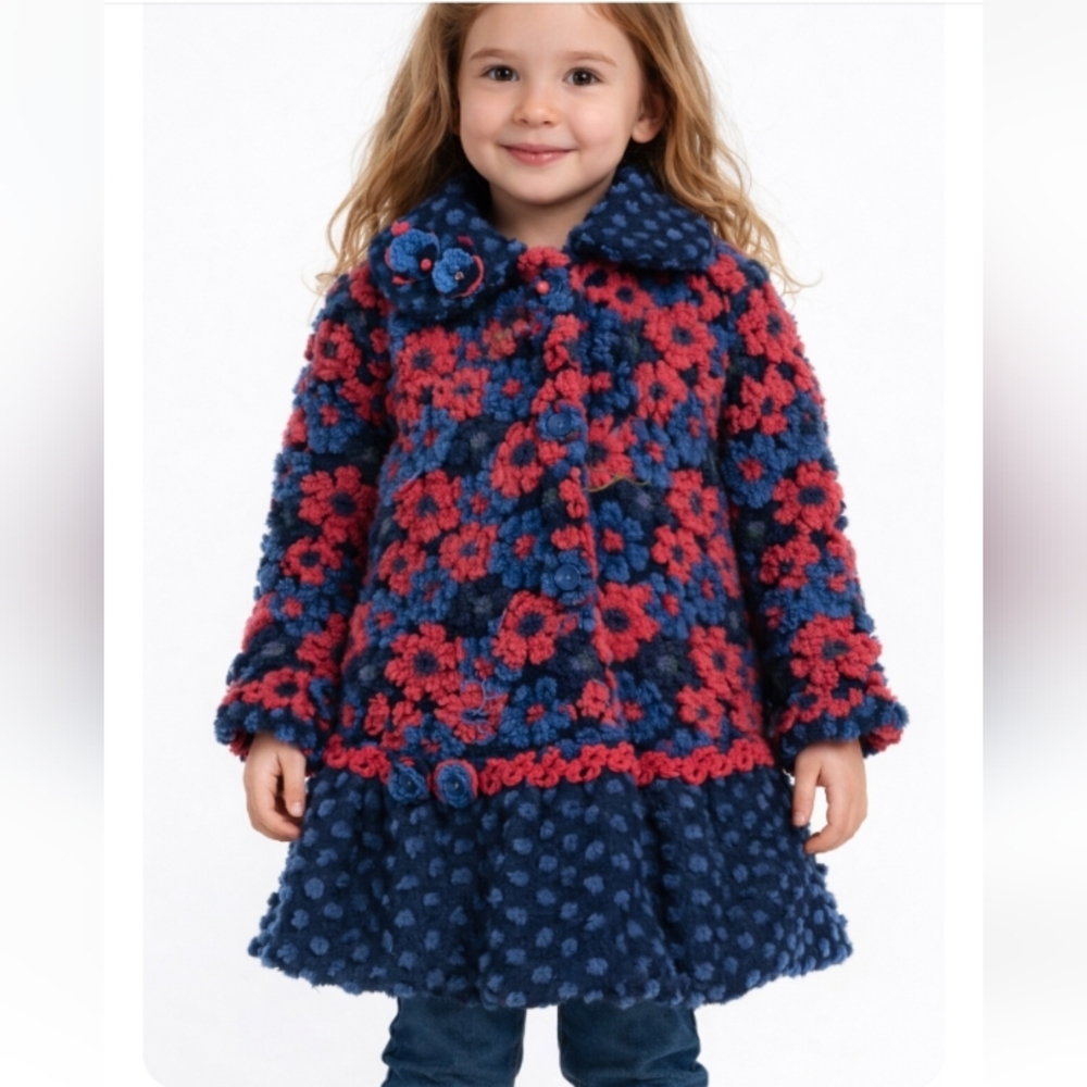 Corky & Company Girls Textured Floral Coat Jacket Size 6 Blue 3D Flower